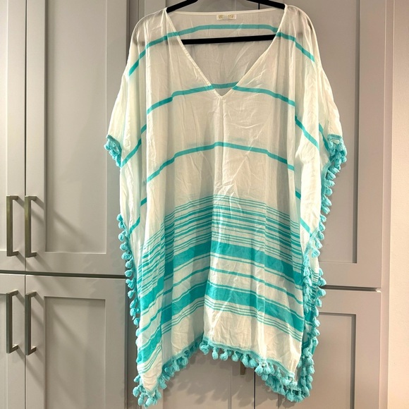 Debbie Katz Aqua & White Striped Swim Cover Up Resortwear for the Beach or Pool - Picture 1 of 4